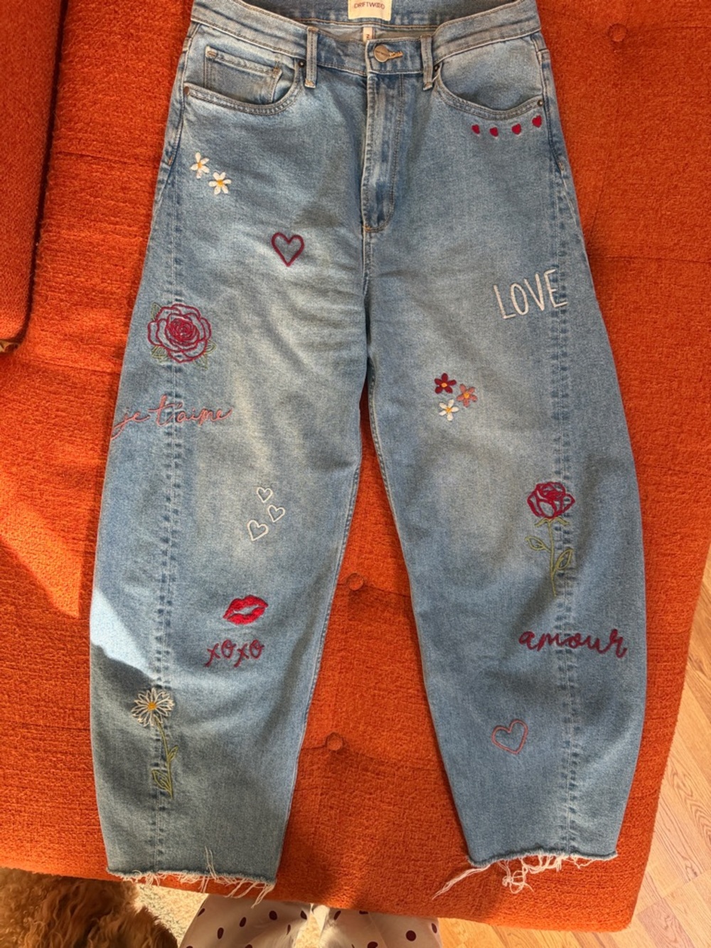 DRIFTWOOD Light Blue Embroidered Boyfriend Jeans with Floral & Love Motifs